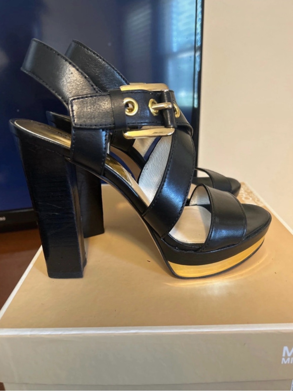 Michael Kors Black Leather Platform Sandals with Gold Accent